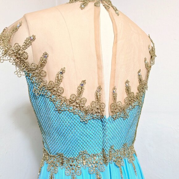 Vintage 1960's Mike Benet Aqua Chiffon Embellished Gown SZ M - Picture 6 of 10